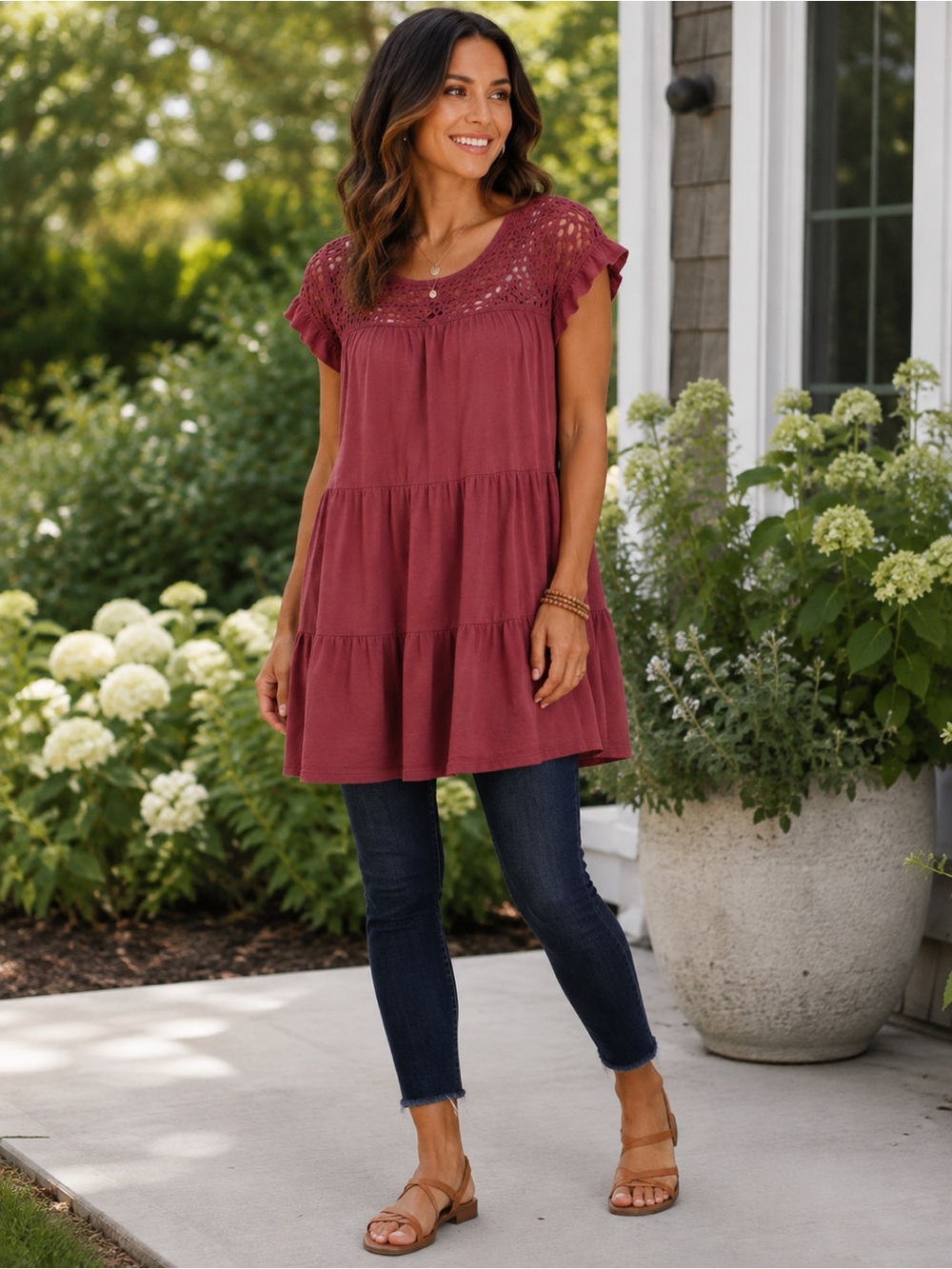 Umgee Mauve Crochet Yoke Short Sleeve Tunic Top